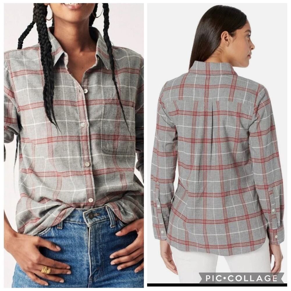Faherty Juliet Plaid Flannel Shirt Women's Medium Gray Red Cotton Blend Soft